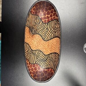 Hand‎ Carved Wooden Oval Bowl With African Animal Print Design